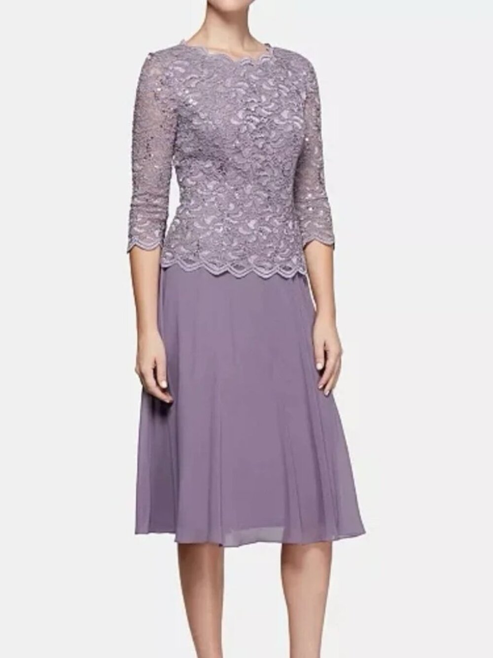 Alex Evenings New Orchid Purple Sequin Lace Tea length A-line Bella Dress, sz 8